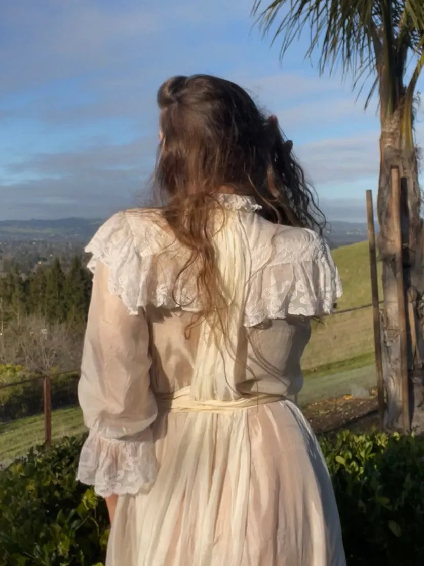 RARE 1890s Silk & Lace High Neck Watteau Dressing Gown