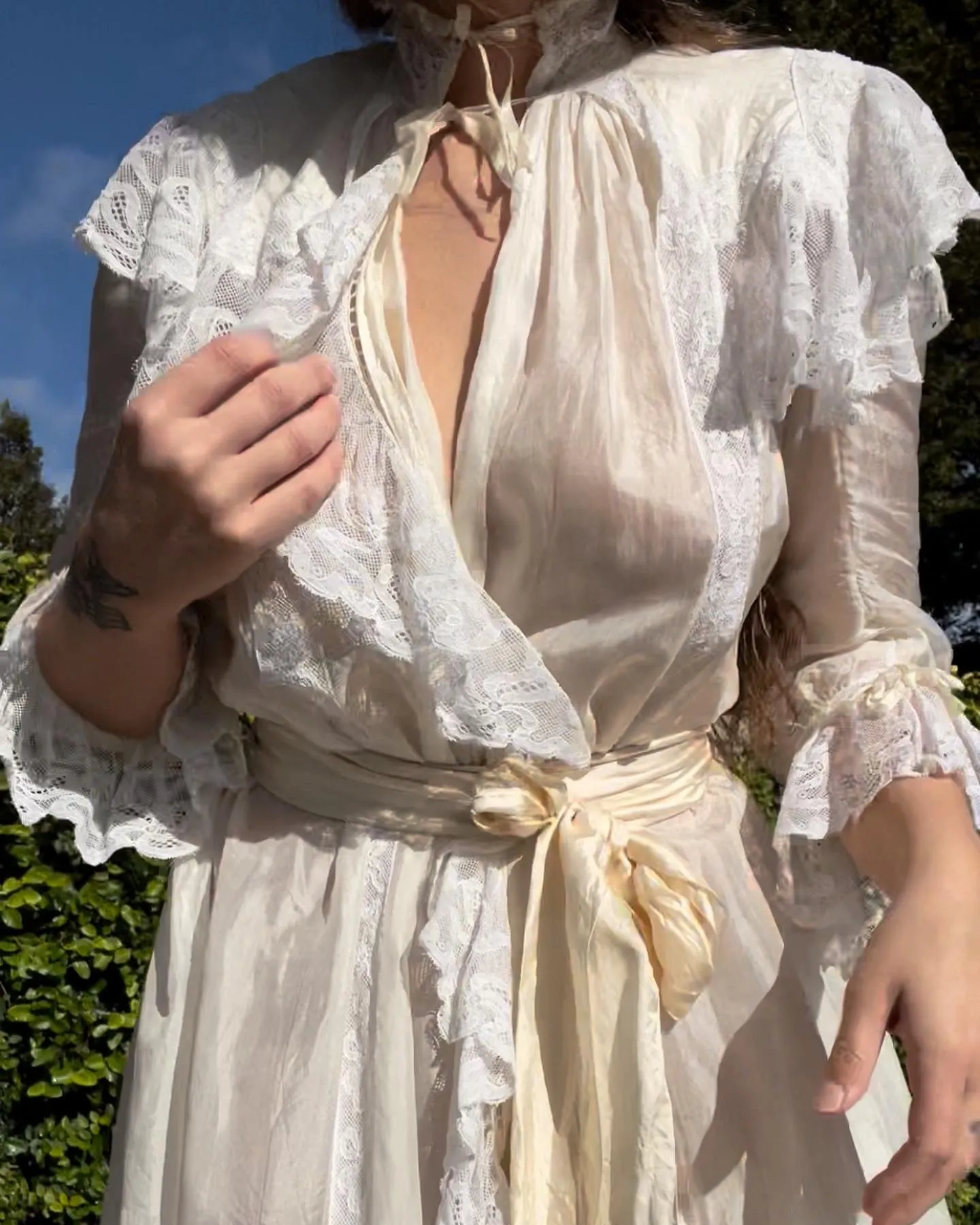 RARE 1890s Silk & Lace High Neck Watteau Dressing Gown