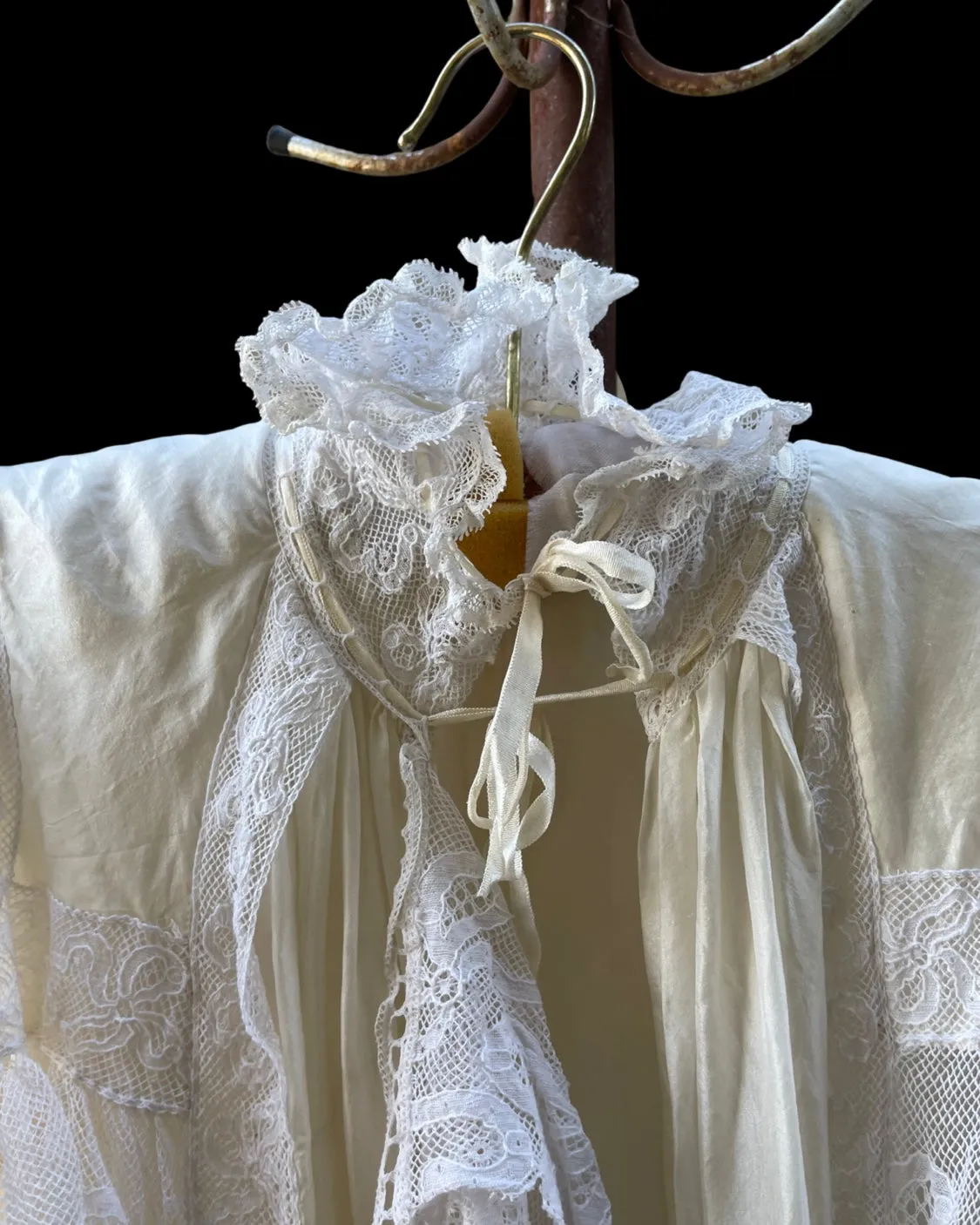 RARE 1890s Silk & Lace High Neck Watteau Dressing Gown