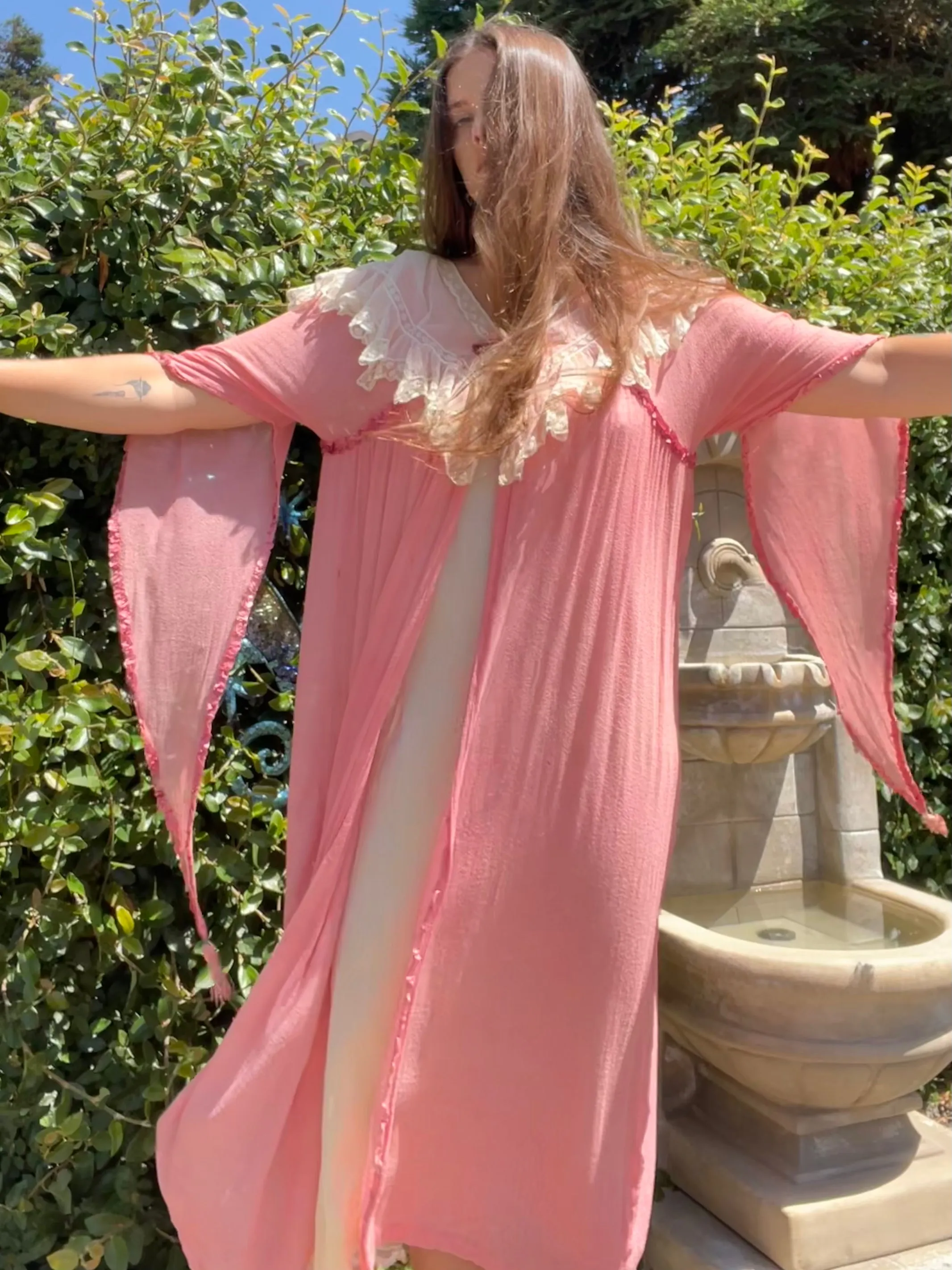 Rare 1910s Crinkle Crepe Shocking Pink Angel Sleeve Lace Tim Dressing Gown