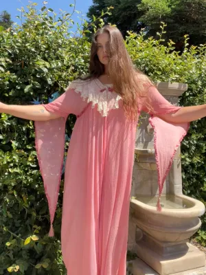 Rare 1910s Crinkle Crepe Shocking Pink Angel Sleeve Lace Tim Dressing Gown