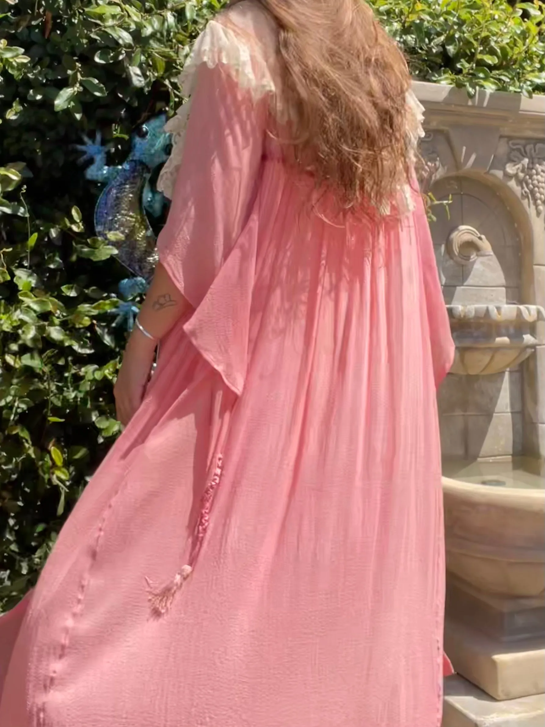 Rare 1910s Crinkle Crepe Shocking Pink Angel Sleeve Lace Tim Dressing Gown
