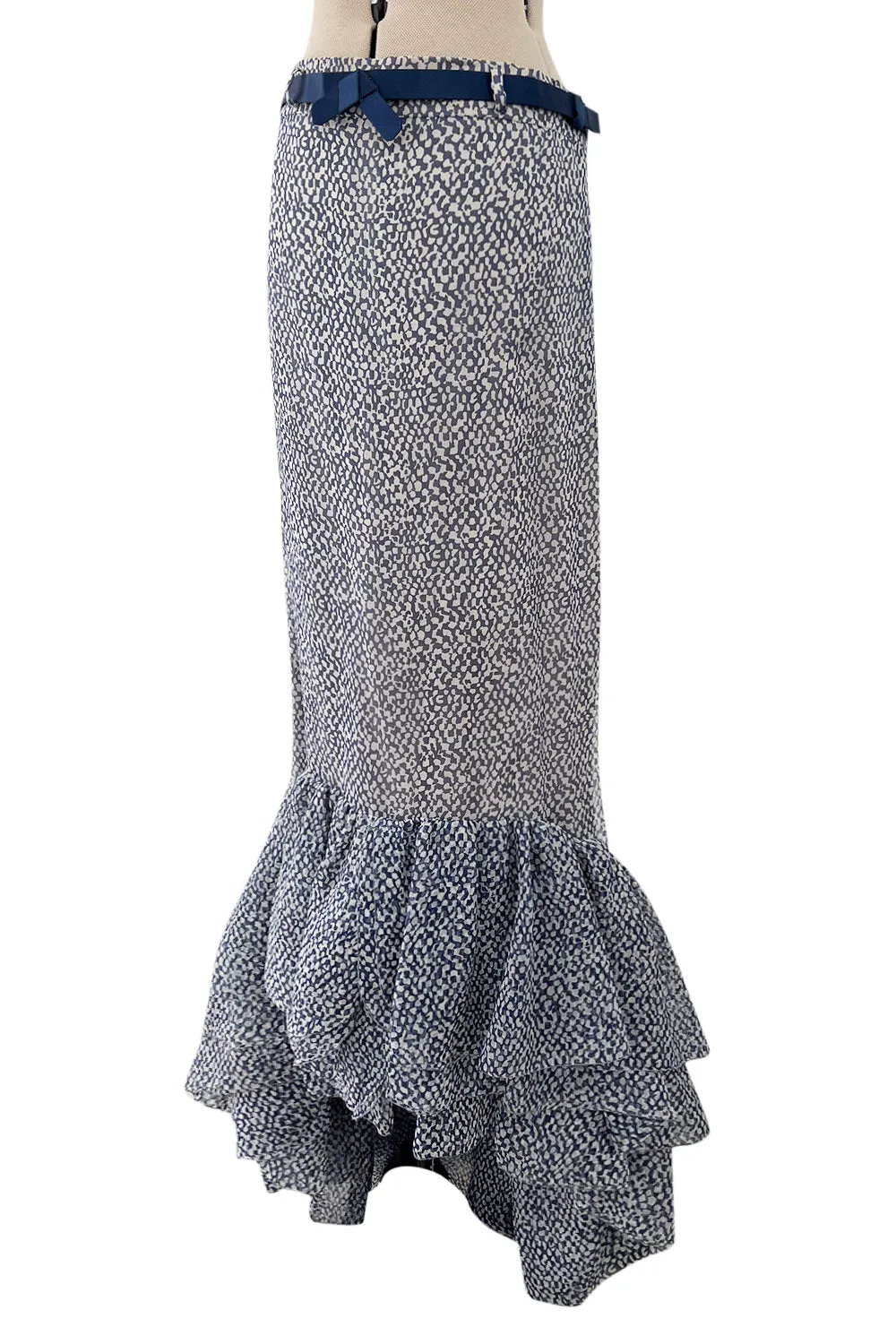 Rare 1970s Madame Gres Haute Couture Blue Print Silk Chiffon Blue Skirt w Ruffled Bottom
