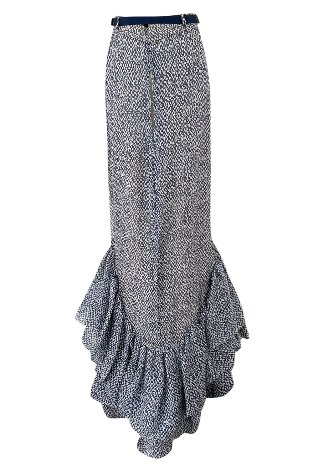 Rare 1970s Madame Gres Haute Couture Blue Print Silk Chiffon Blue Skirt w Ruffled Bottom
