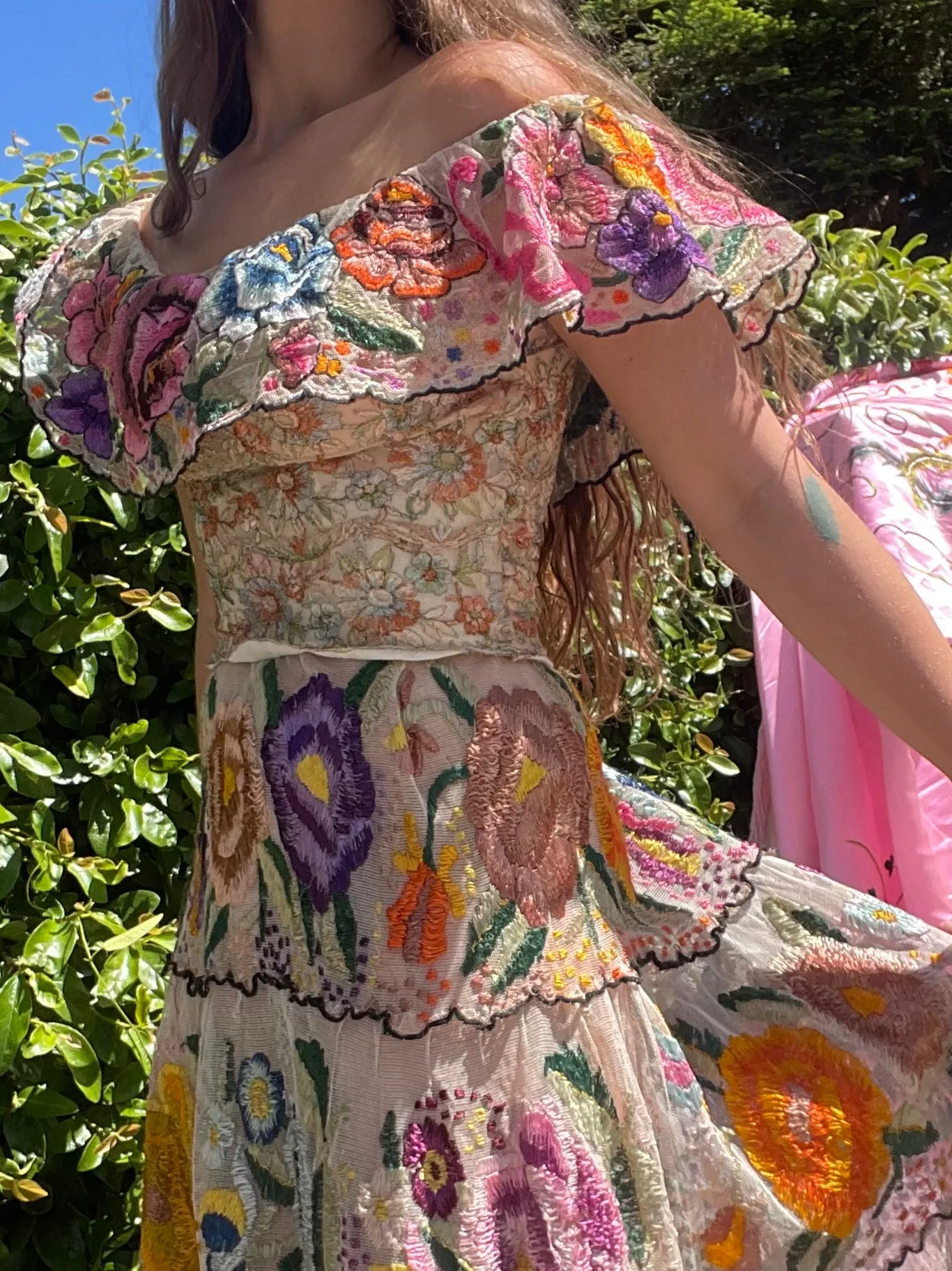 RARE Custom 1930s Chiapas Hand Embroidered Off The Shoulder Mexican Dress Ensemble
