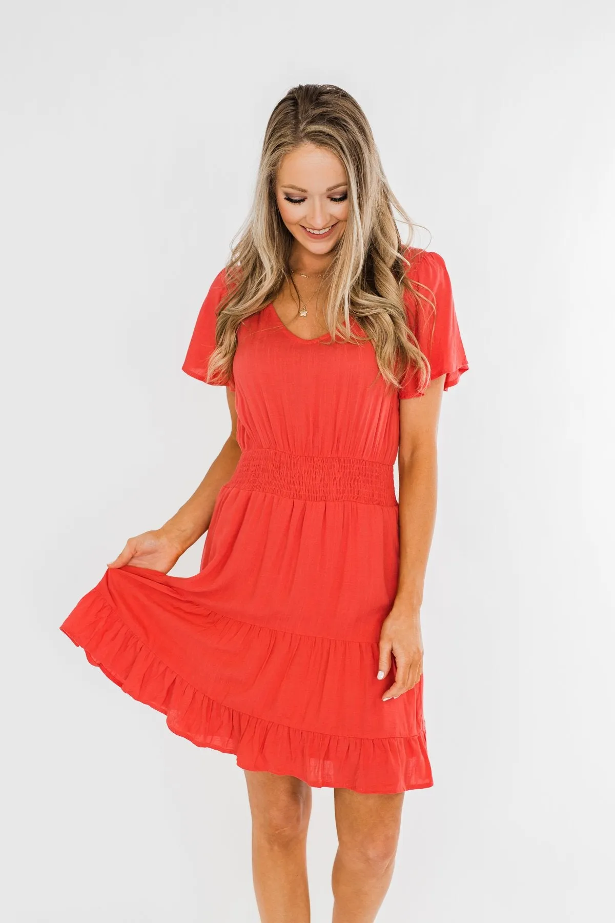 Ready For More Ruffle Dress- Dark Coral