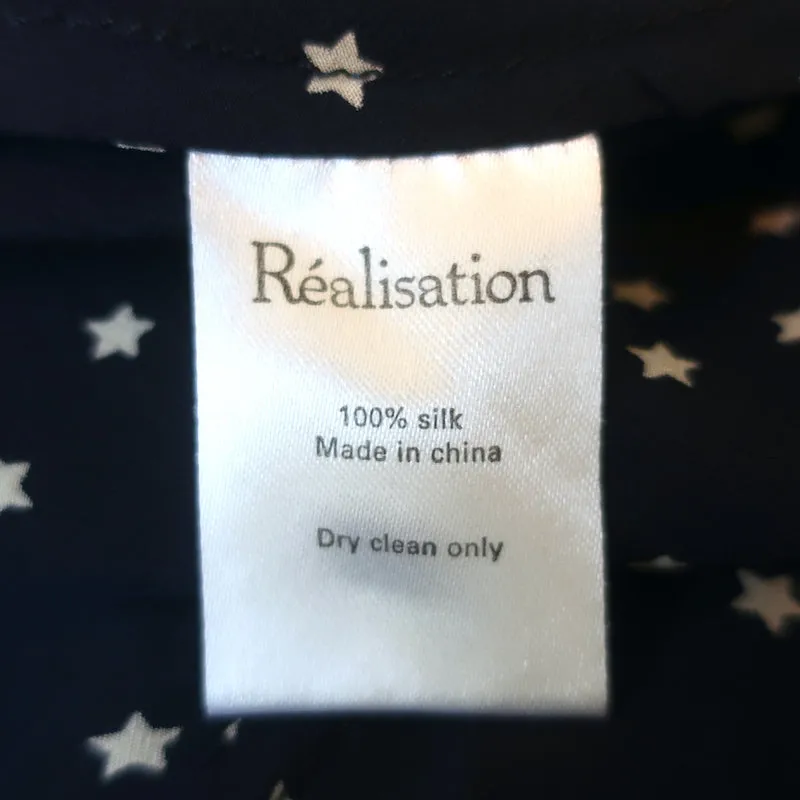 Realisation Par Alexandra Wrap Dress Navy Star Print Ruffled Silk Size Medium