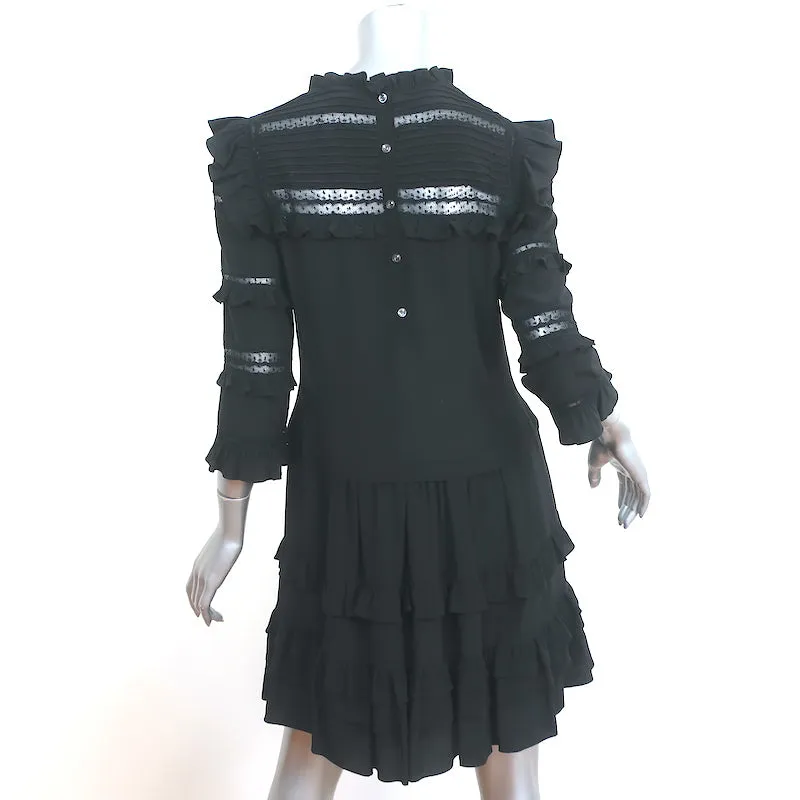 Rebecca Taylor Mini Dress Black Lace-Trim Ruffled Silk Size 6