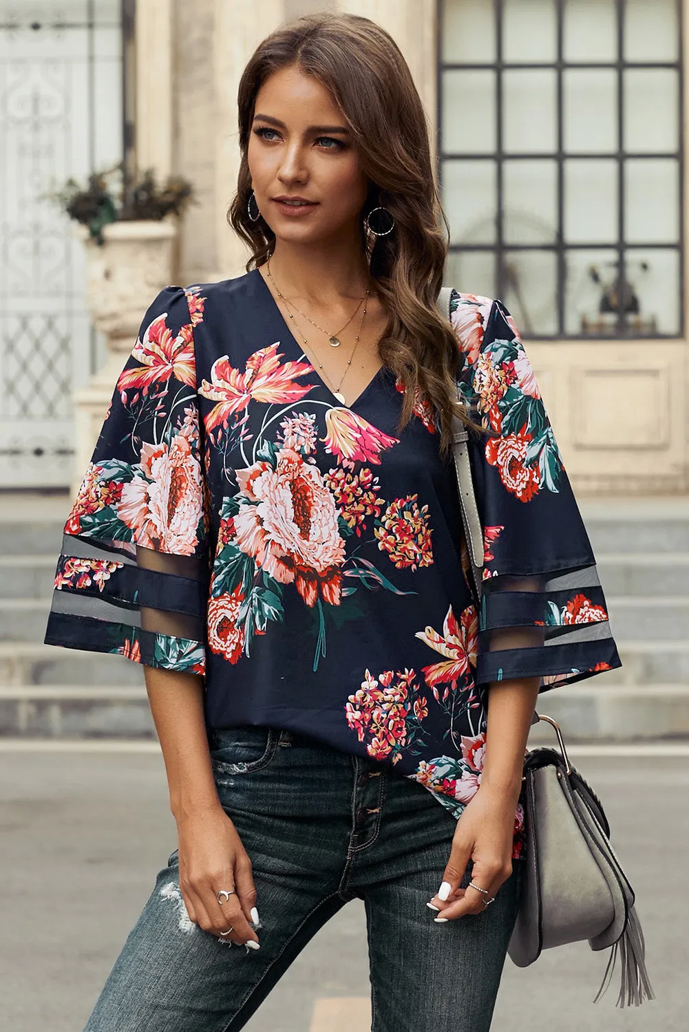 Red 3/4 Flared Sleeve Floral Blouse