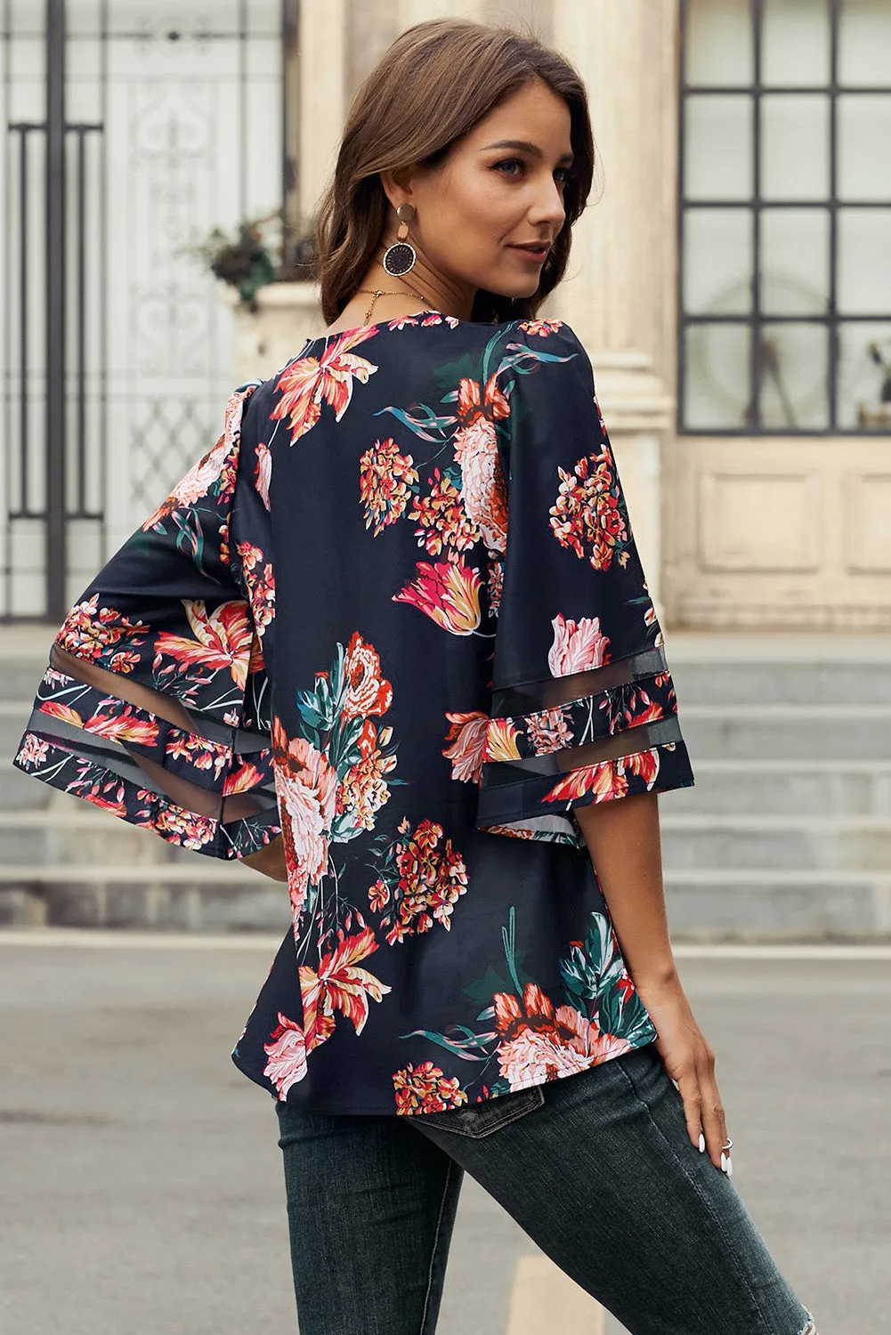 Red 3/4 Flared Sleeve Floral Blouse