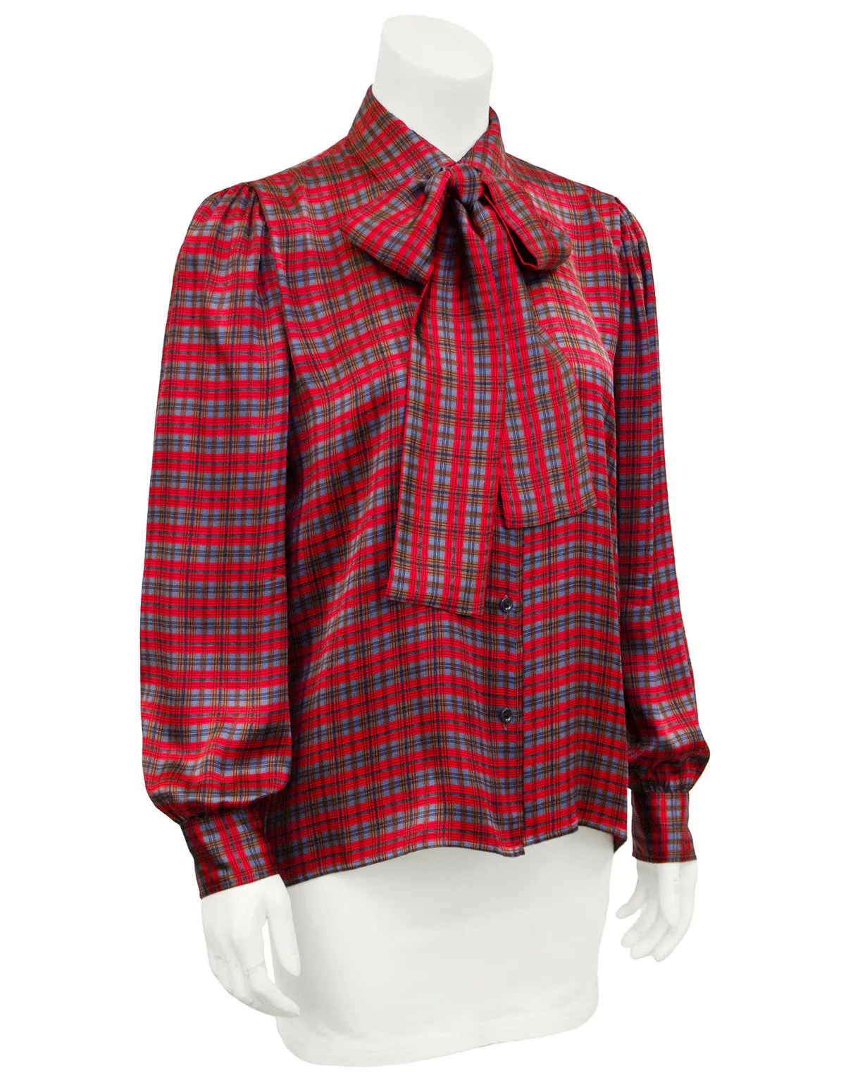 Red, Blue and Brown Tartan Pussy Bow Blouse