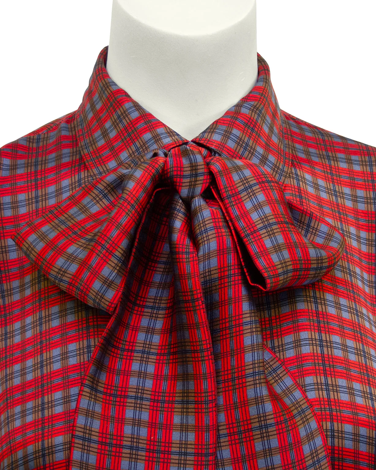 Red, Blue and Brown Tartan Pussy Bow Blouse