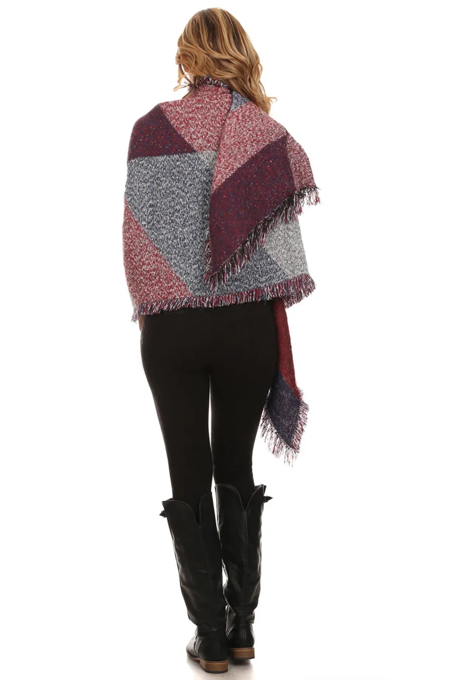 Red Color Gray Viscose Wool Blanket Cardigan Poncho One Size