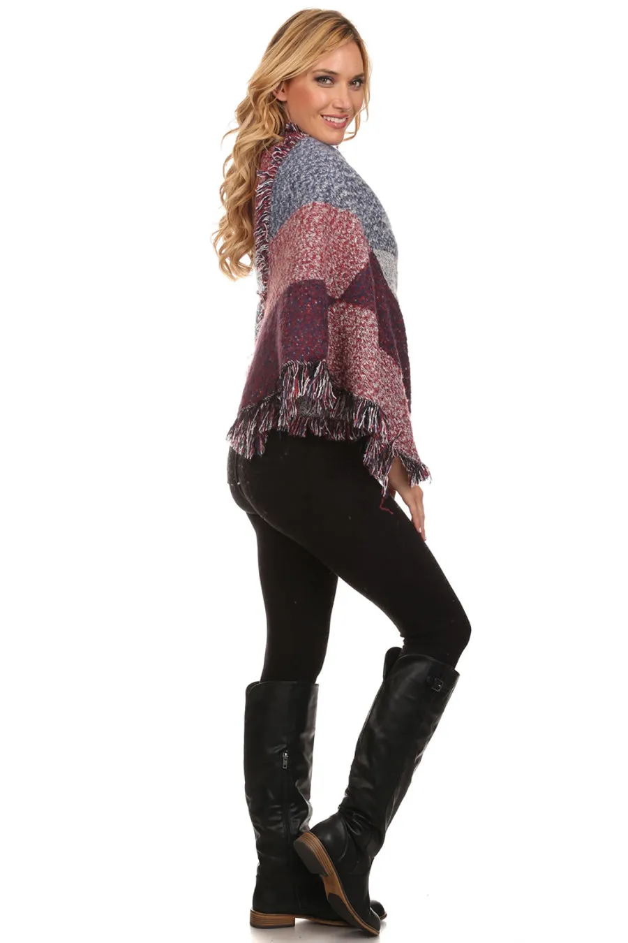 Red Color Gray Viscose Wool Blanket Cardigan Poncho One Size