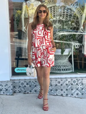 Red Geometric Print Shorts