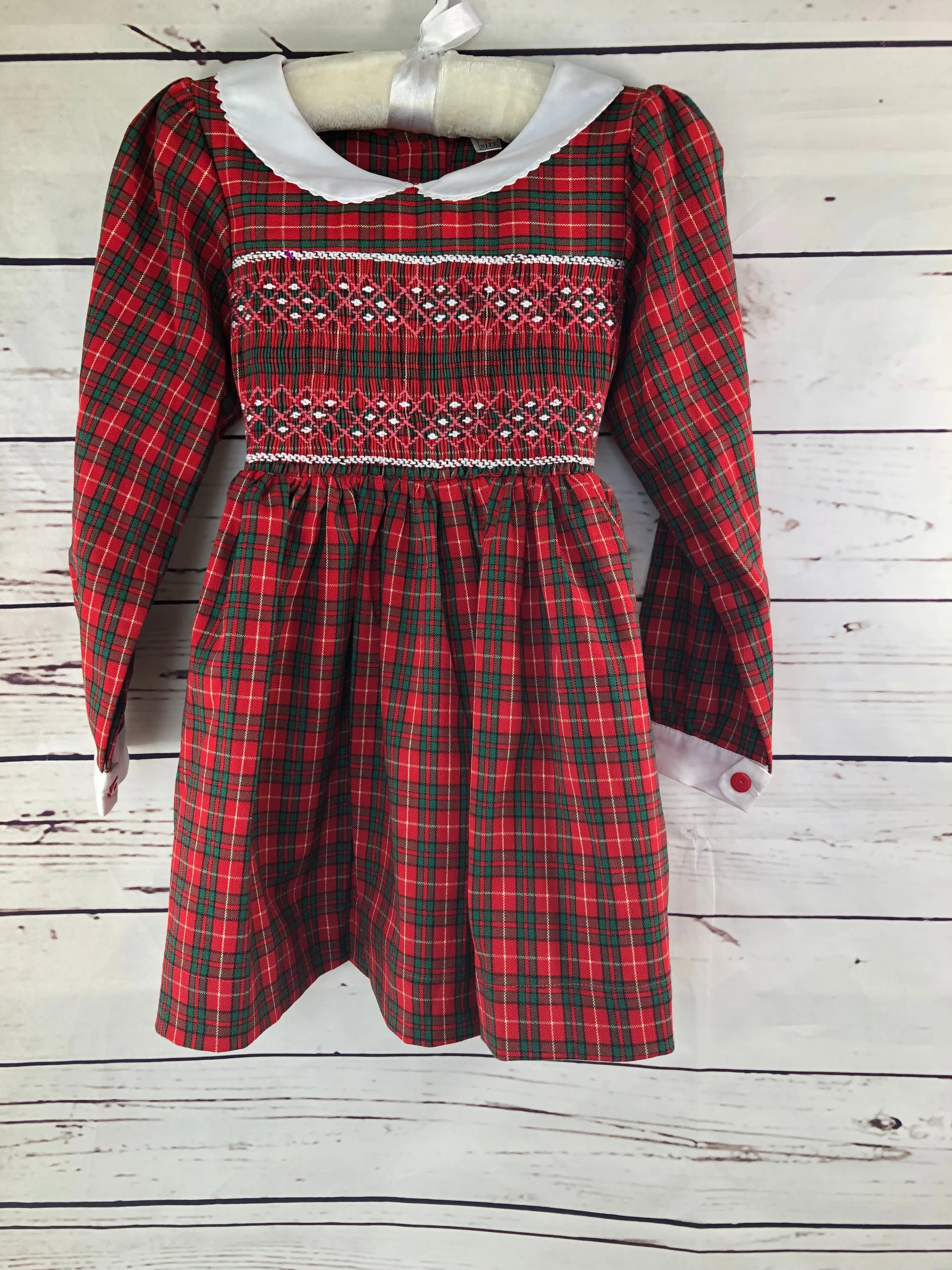 Red green and white plaid vintage smocked dress
