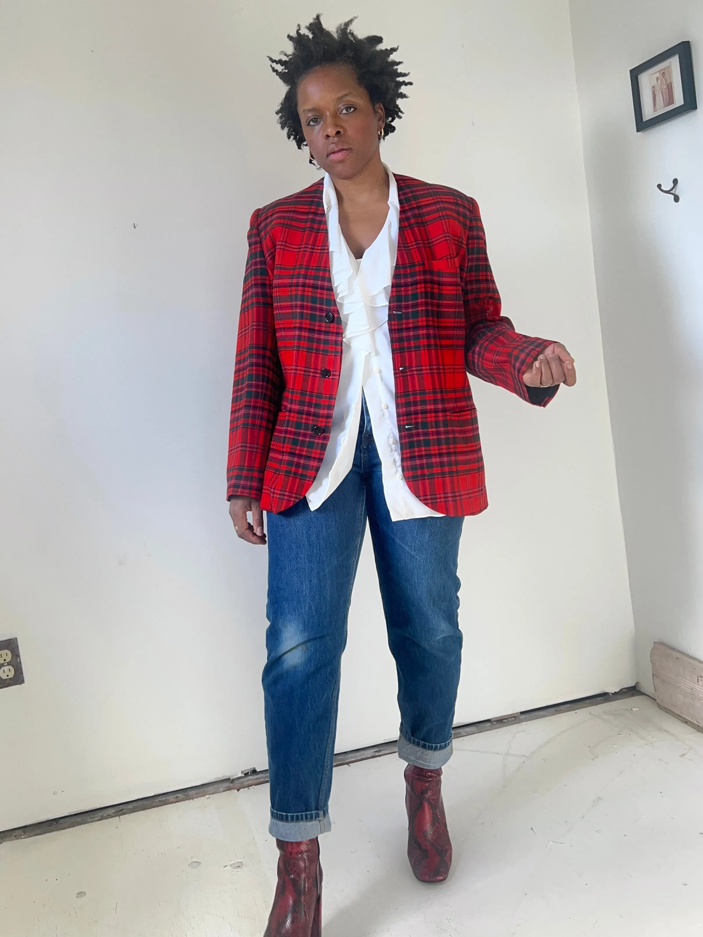 Red Plaid Wool Blazer