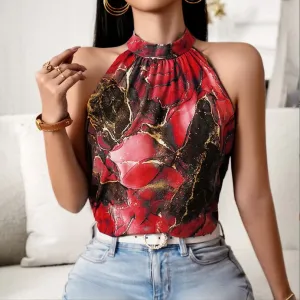 Red Printed Halter High Neck Top