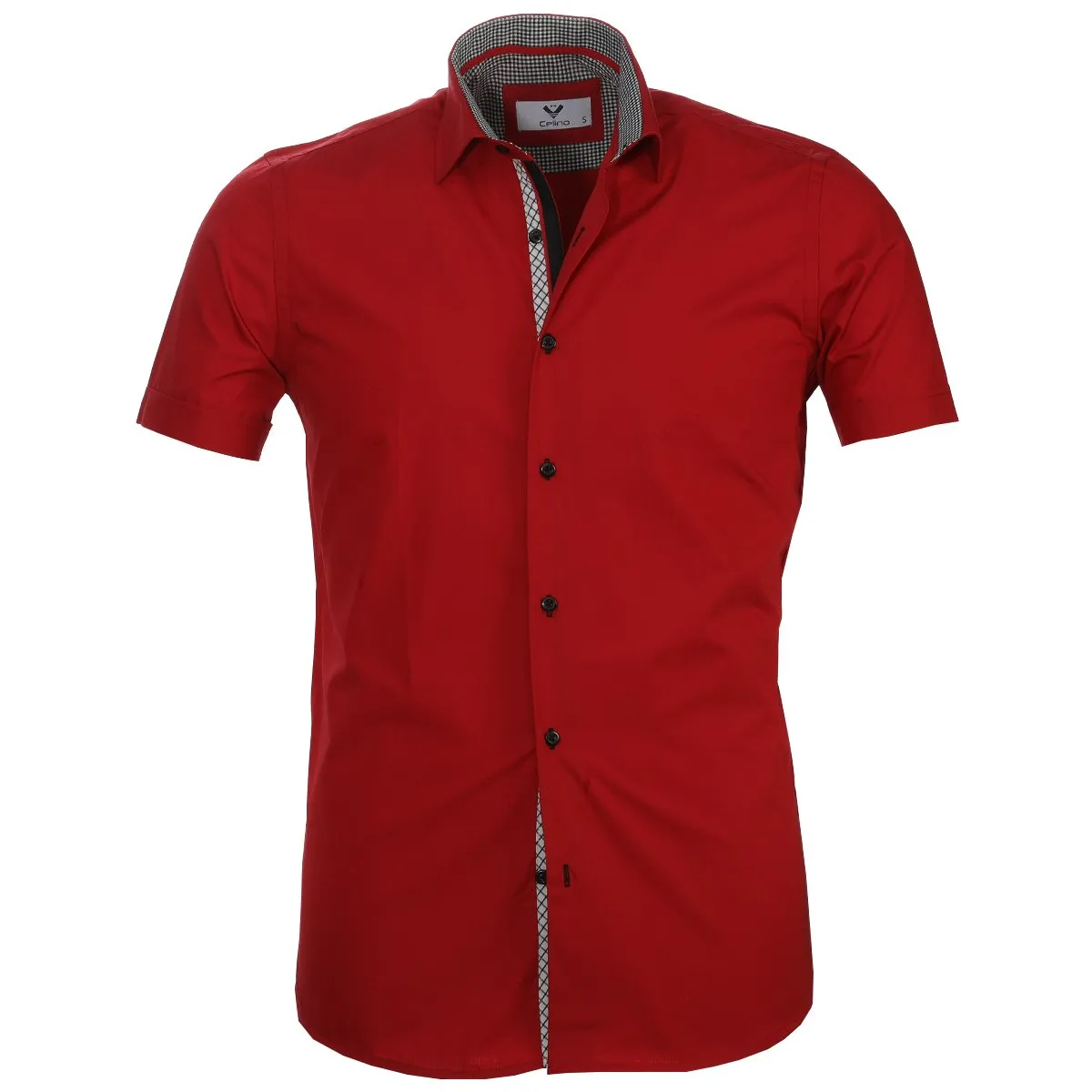 Red Solid Short Sleeve Button up Shirts for Men - Tailored Slim Fit Cotton Dress Shirts