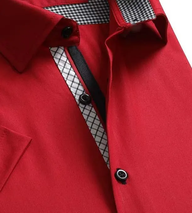 Red Solid Short Sleeve Button up Shirts for Men - Tailored Slim Fit Cotton Dress Shirts