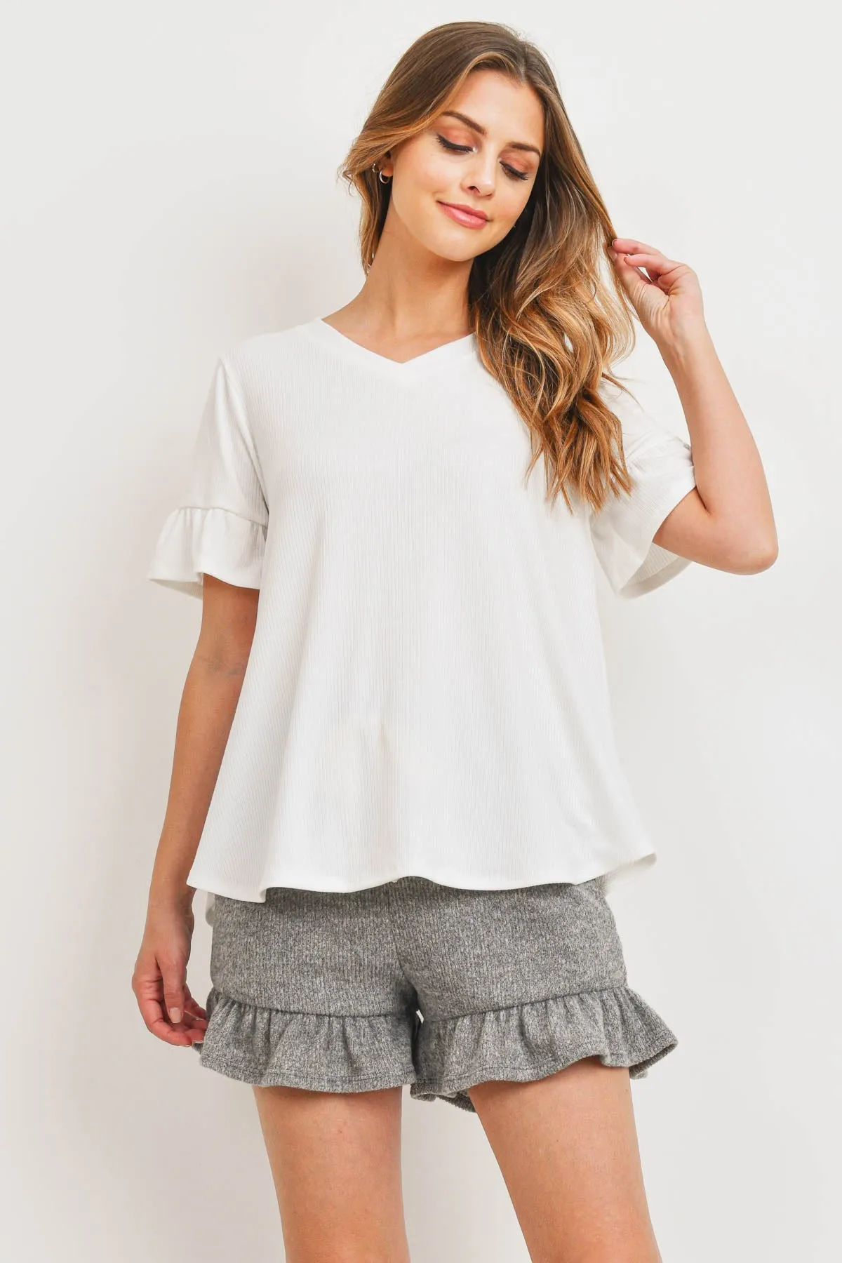 Rib Detail Top And Hacci Brushed Shorts Set With Self Tie