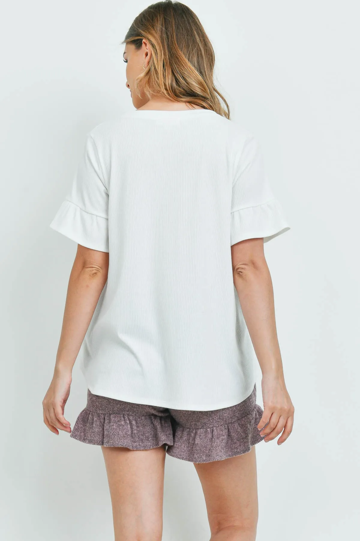Rib Detail Top And Hacci Brushed Shorts Set With Self Tie