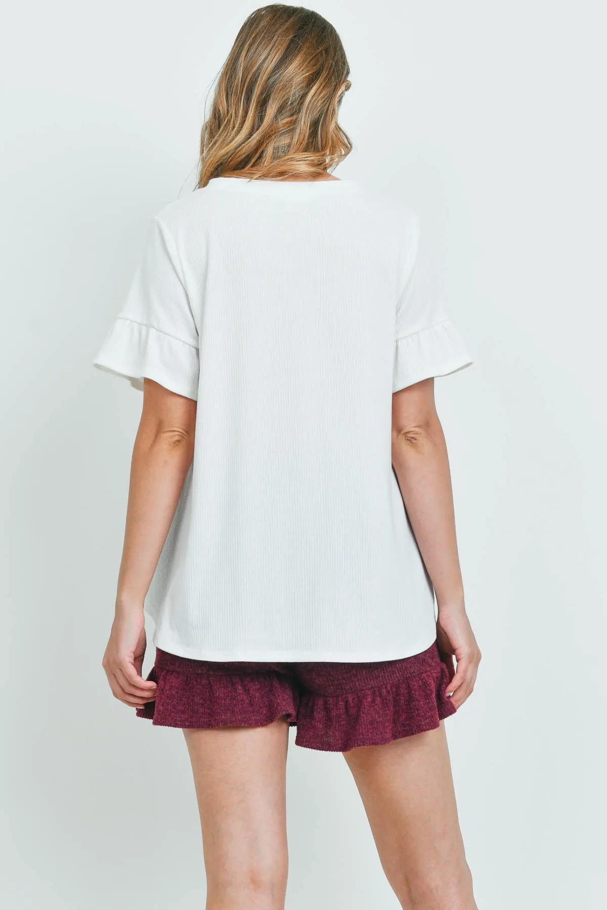 Rib Detail Top And Hacci Brushed Shorts Set With Self Tie