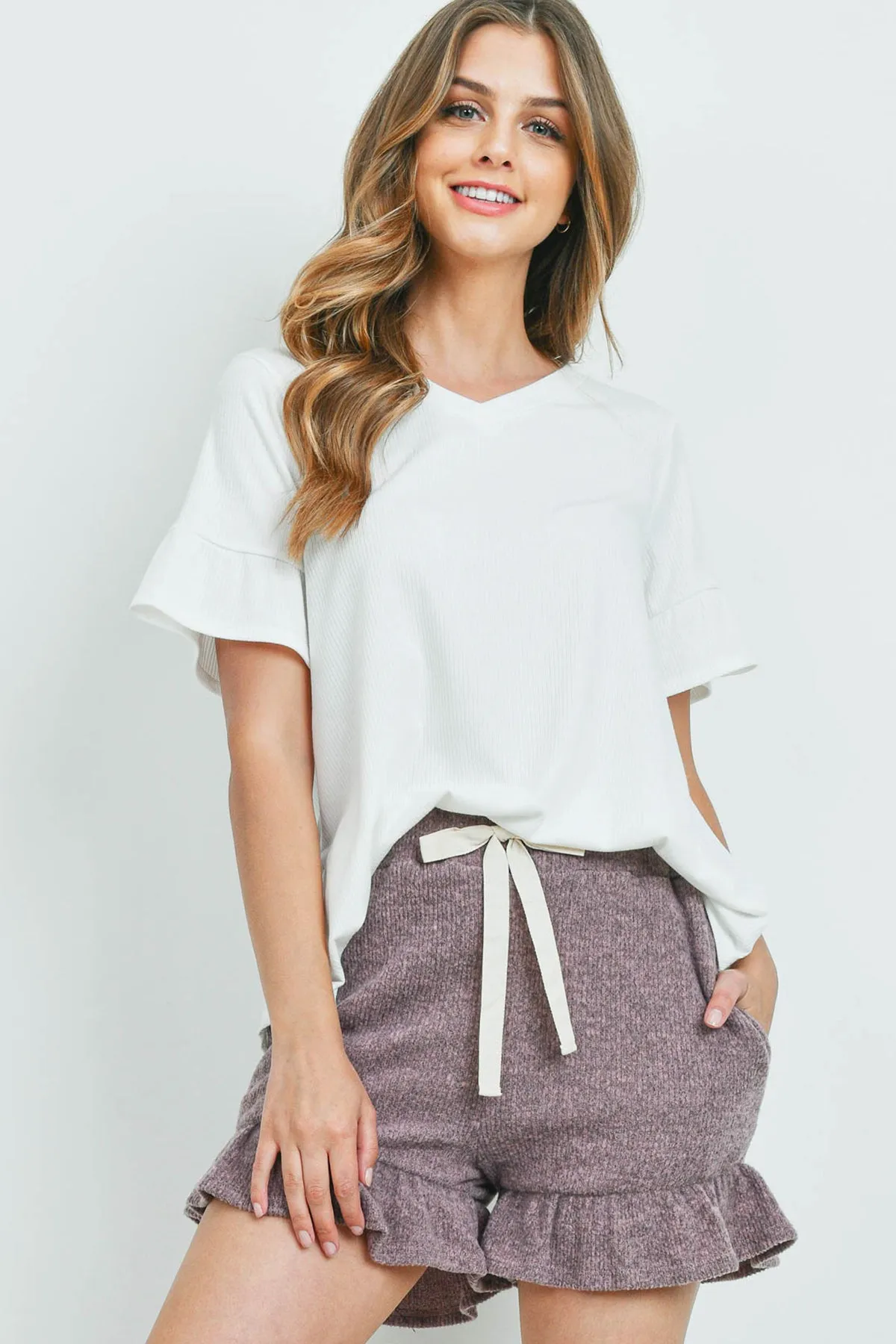 Rib Detail Top And Hacci Brushed Shorts Set With Self Tie