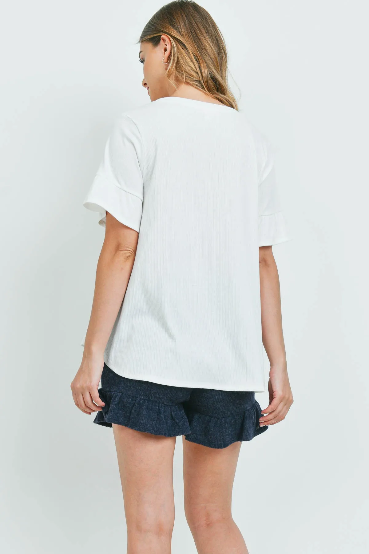 Rib Detail Top And Hacci Brushed Shorts Set With Self Tie