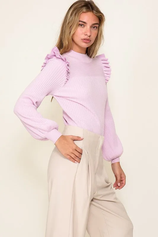 Ribbed Knit Ruffle Shoulder Sweater (Ivory, Lavender)