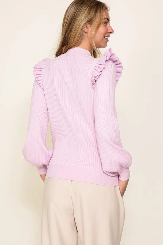 Ribbed Knit Ruffle Shoulder Sweater (Ivory, Lavender)