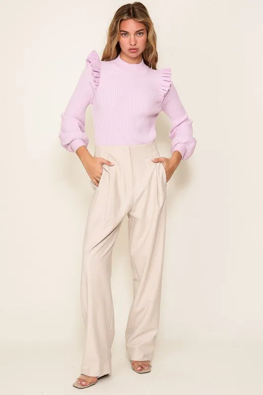 Ribbed Knit Ruffle Shoulder Sweater (Ivory, Lavender)