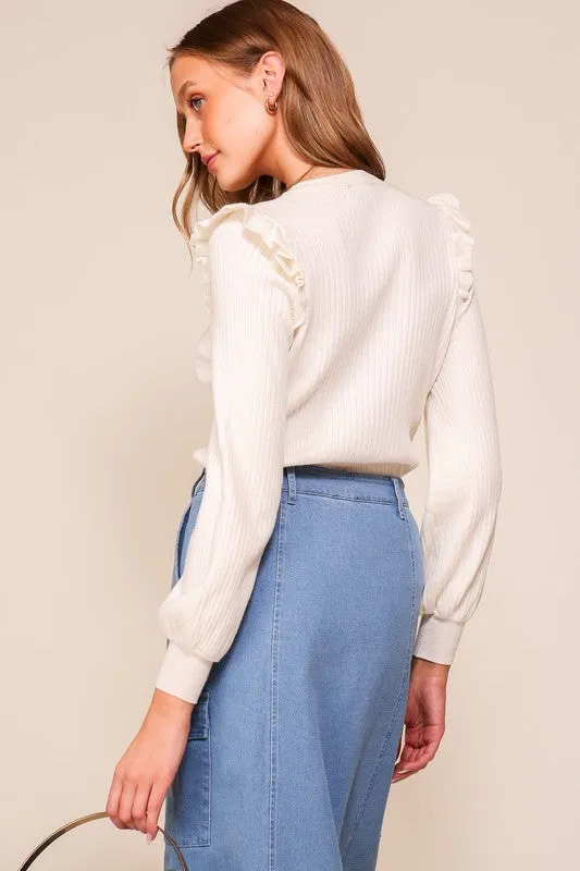 Ribbed Knit Ruffle Shoulder Sweater (Ivory, Lavender)