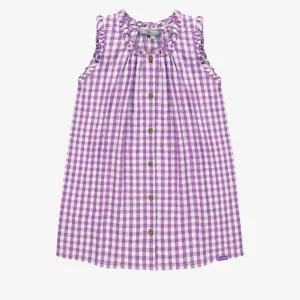Robe à bretelles larges mauve et blanche à carreaux en seersucker, enfant || Purple and white checkered dress with large straps in seersucker, child