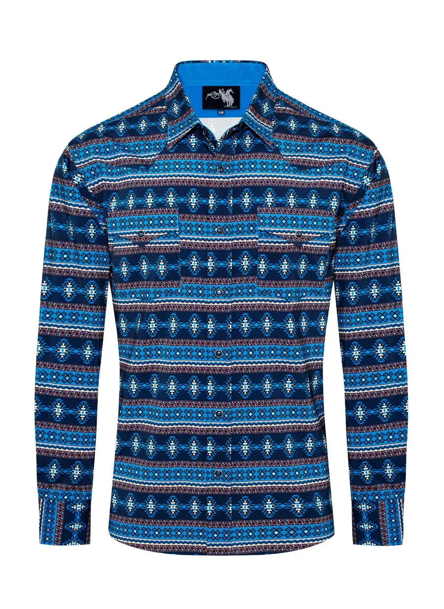 Rodeo Clothing Men's Western Pearl Snap Aztec Print Shirt in Blues