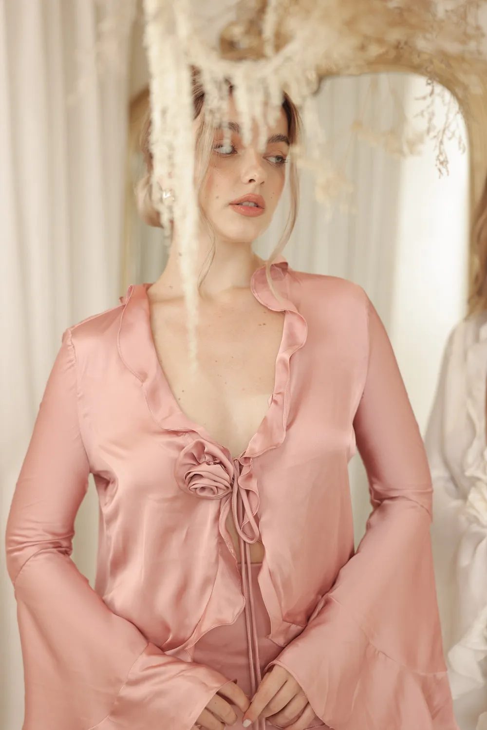 ROMAINE SET Ruffled Wing Top with Floral Detail and Ruffled Mini Skirt (Old Rose SC Silk)