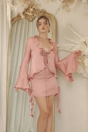 ROMAINE SET Ruffled Wing Top with Floral Detail and Ruffled Mini Skirt (Old Rose SC Silk)