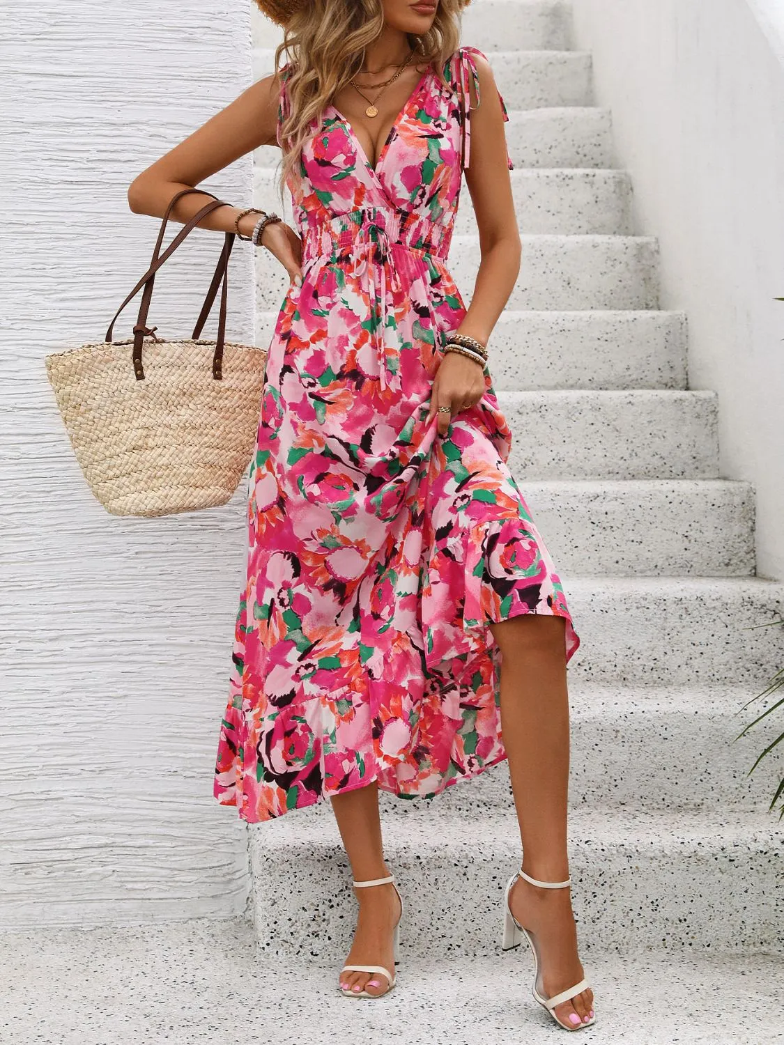 Romeo Ruffled Smocked Printed Sleeveless Dress