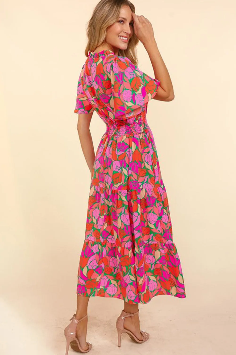 Rose Floral Short Sleeve Smocked Waist Maxi dress