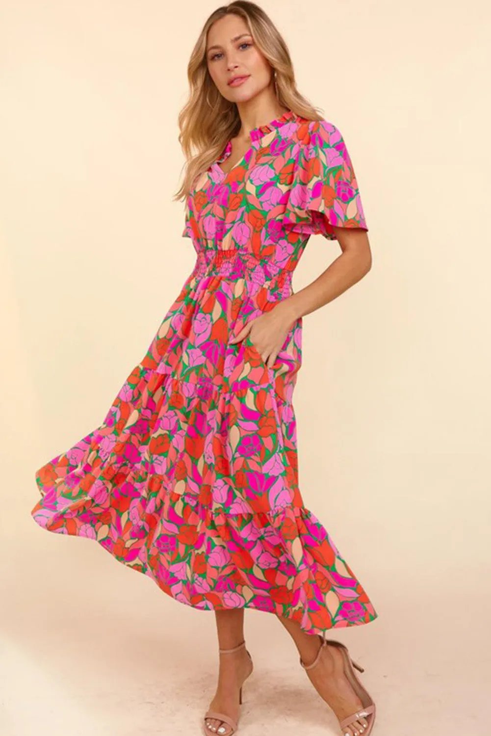 Rose Floral Short Sleeve Smocked Waist Maxi dress