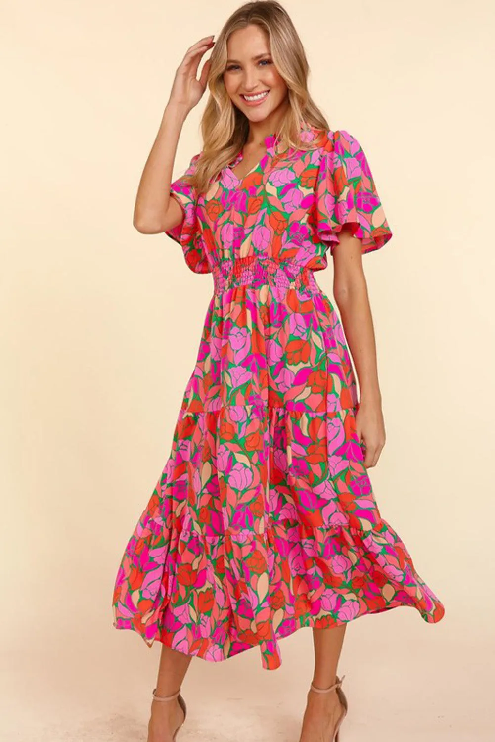 Rose Floral Short Sleeve Smocked Waist Maxi dress