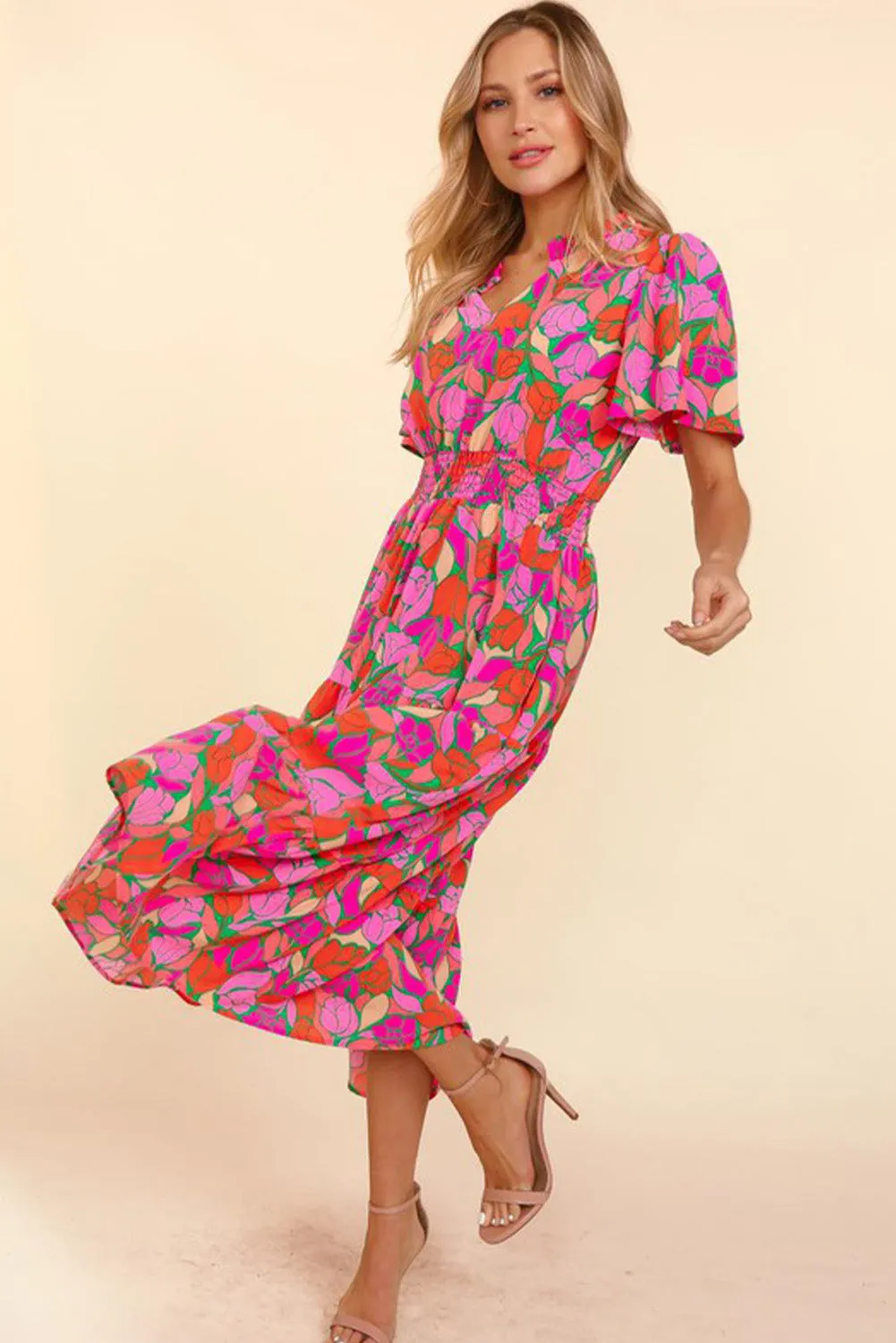 Rose Floral Short Sleeve Smocked Waist Maxi dress