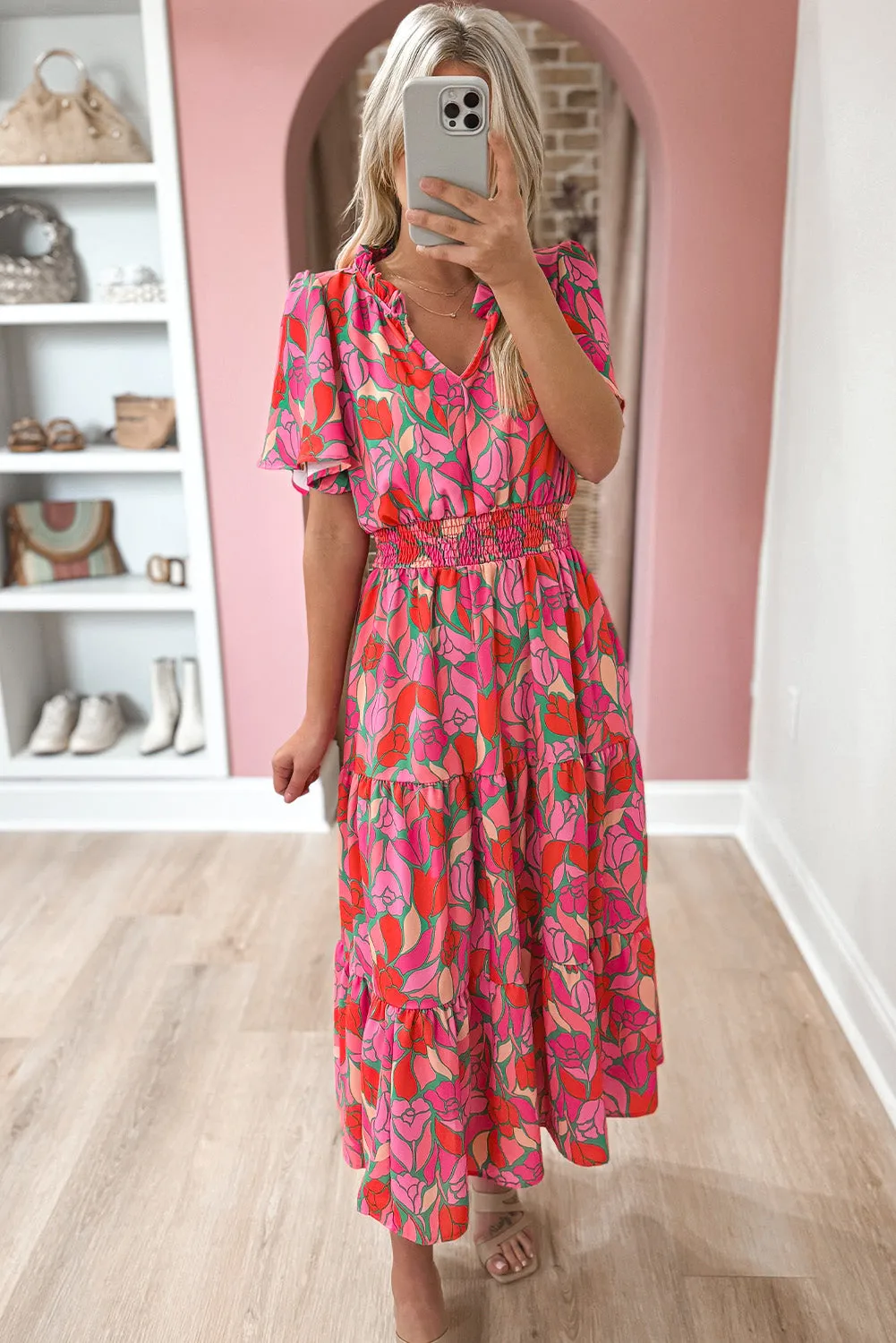 Rose Floral Short Sleeve Smocked Waist Maxi dress