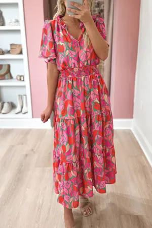 Rose Floral Short Sleeve Smocked Waist Maxi dress