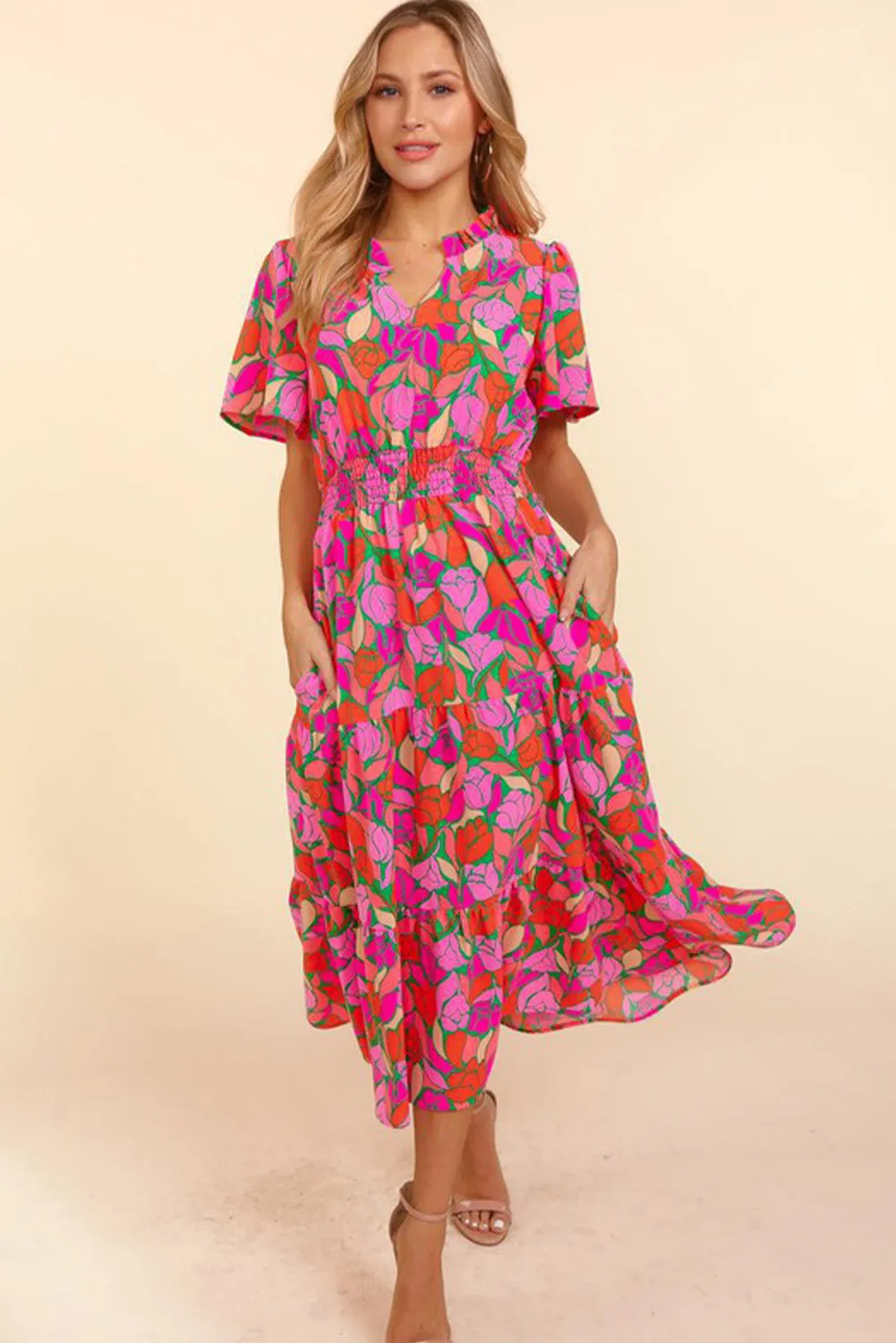 Rose Floral Short Sleeve Smocked Waist Maxi dress