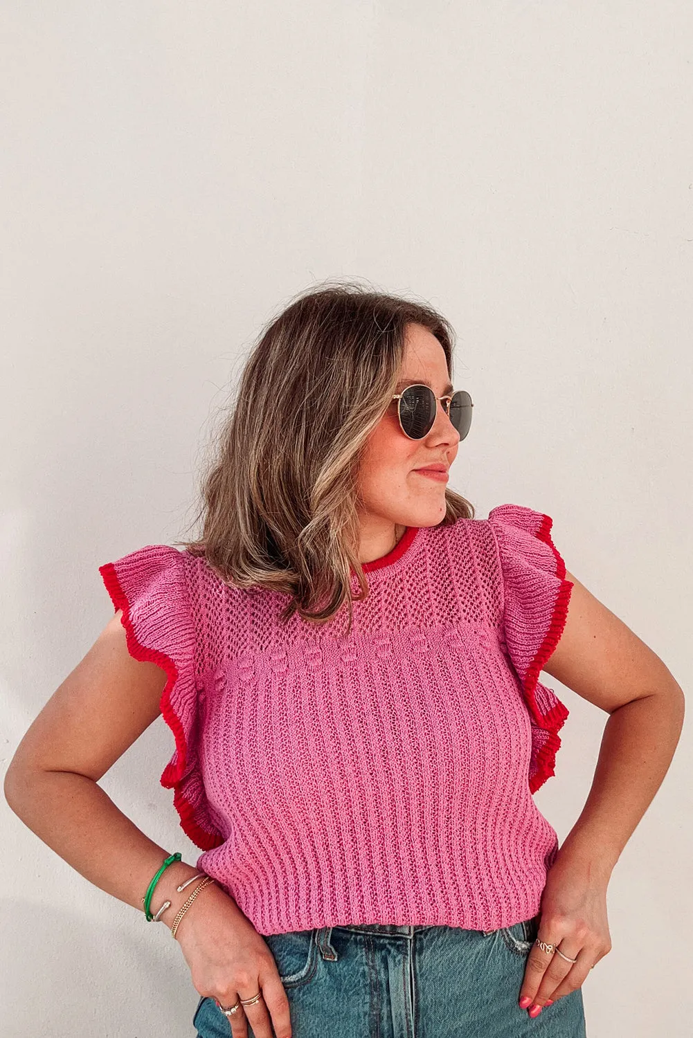 Rose Red Ruffled Contrast Trim Plus Size Short Sleeve Sweater