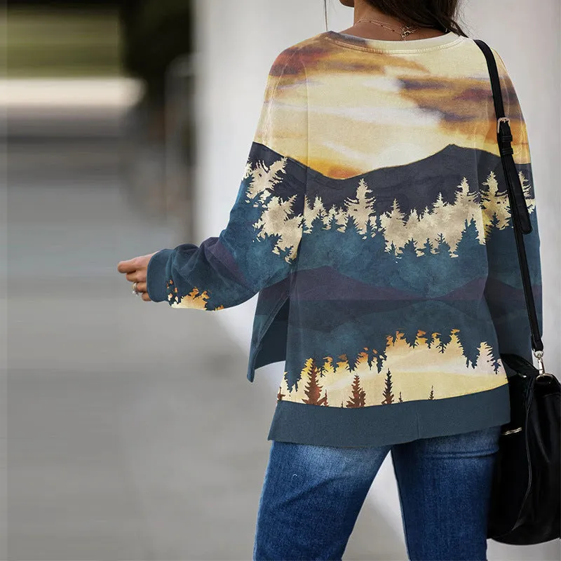 Round Neck Floral Printed T-Shirts Blouses Sweatshirts