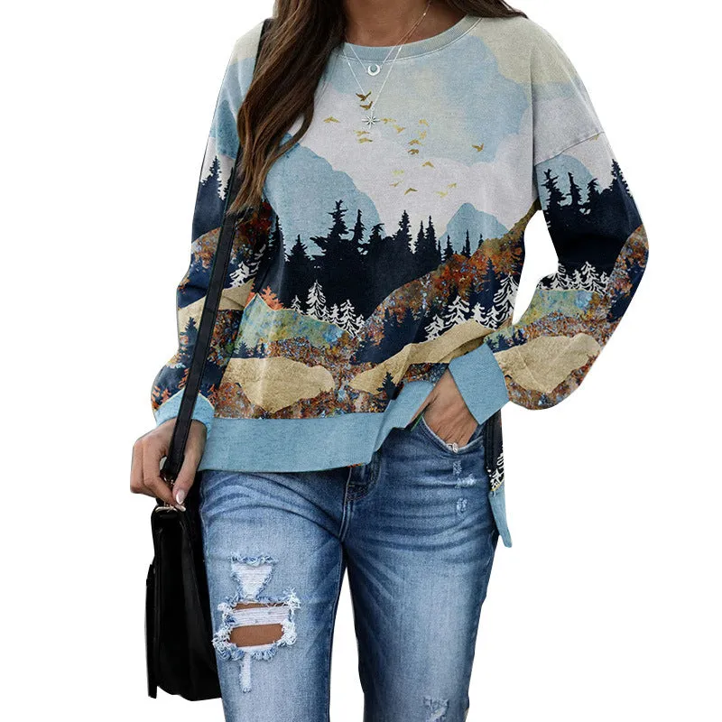 Round Neck Floral Printed T-Shirts Blouses Sweatshirts