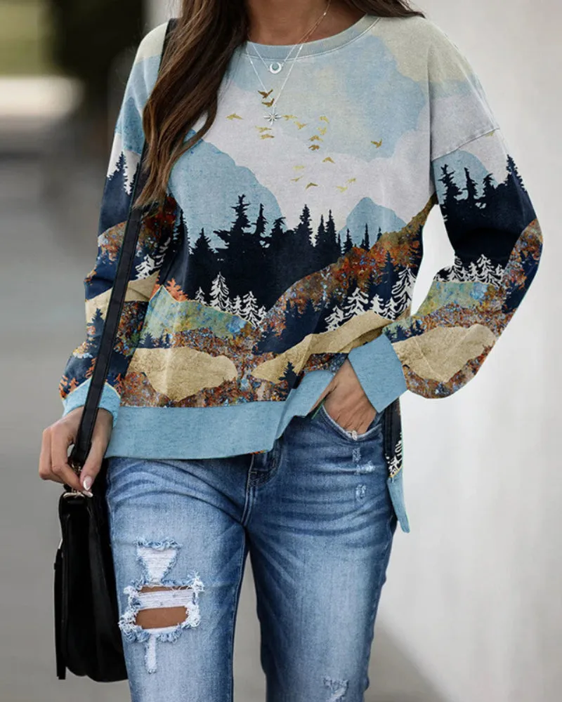 Round Neck Floral Printed T-Shirts Blouses Sweatshirts