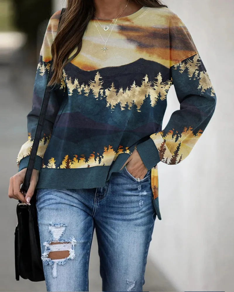 Round Neck Floral Printed T-Shirts Blouses Sweatshirts